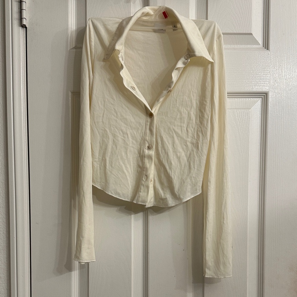 Elegant Cream Button-Up Women's Top sheer